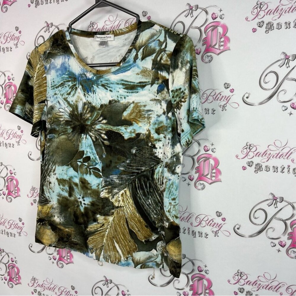 Conrad C tshirt leaf tropical Print Short Sleeve Women's Top - Blue and Green - Picture 4 of 8